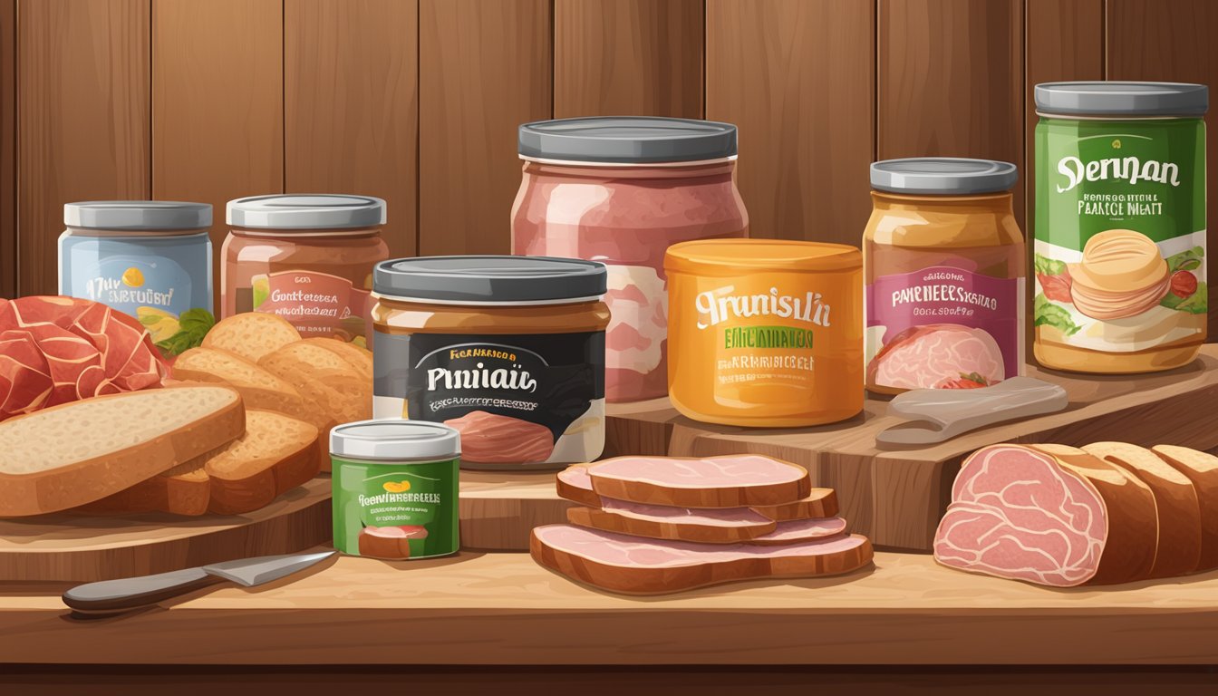 A variety of packaged deli meats and canned meat spreads displayed on a wooden cutting board with a selection of bread and condiments in the background