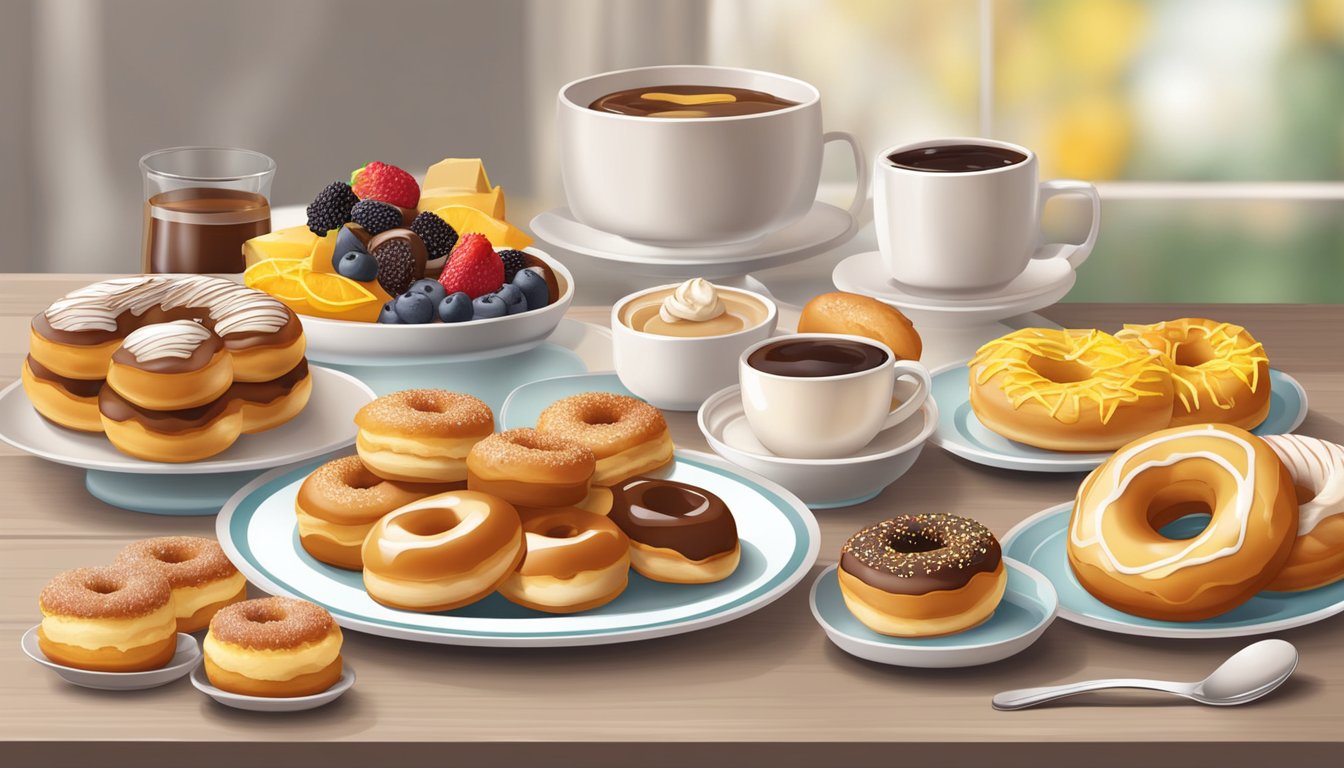 A table with a variety of breakfast pastries and donuts, arranged in a tempting display