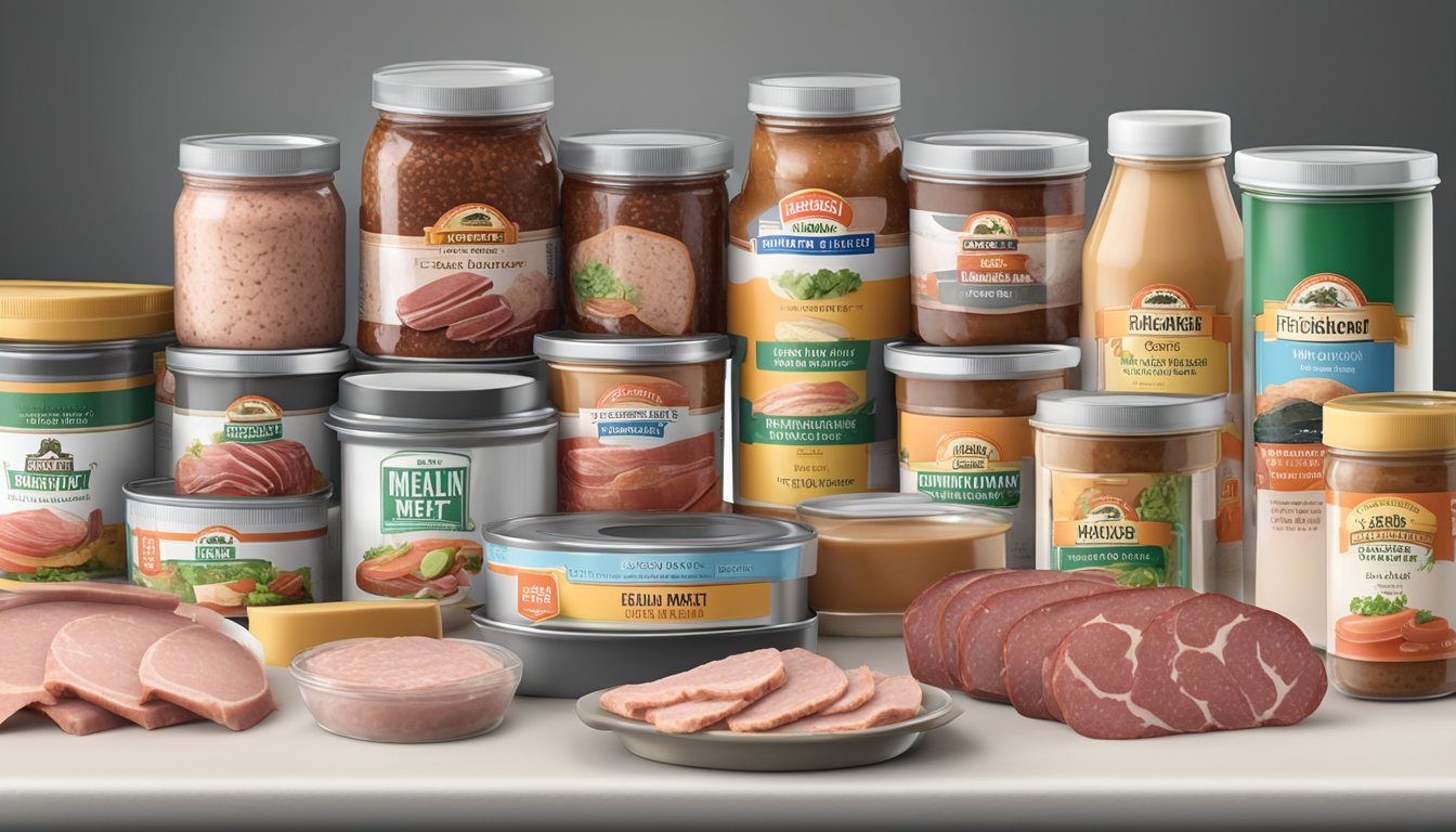 A variety of packaged deli meats and canned meat spreads arranged on a kitchen counter, with nutritional labels visible