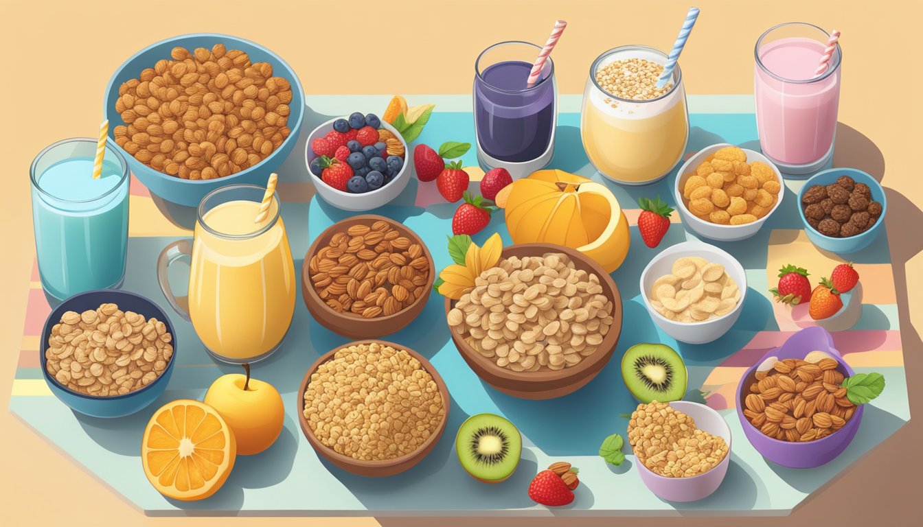 A table with a colorful array of sweetened cereals and granola bars, surrounded by a variety of fruits and milk