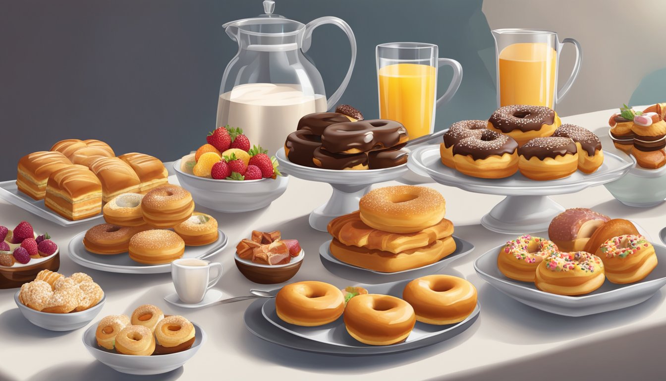 A table with a spread of breakfast pastries and donuts, arranged in a tempting display