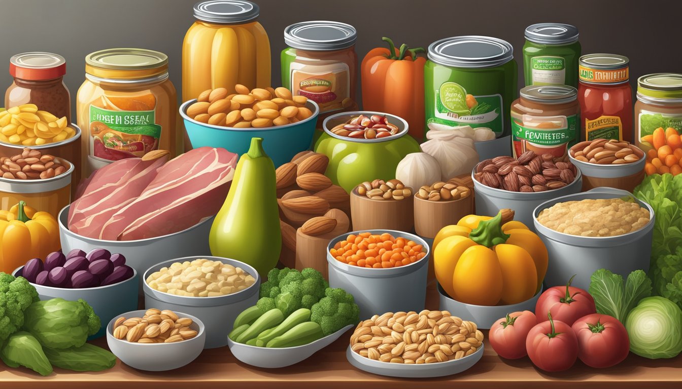 A colorful array of fresh vegetables, fruits, and nuts contrasted with a variety of processed meats and canned meat spreads on a kitchen counter