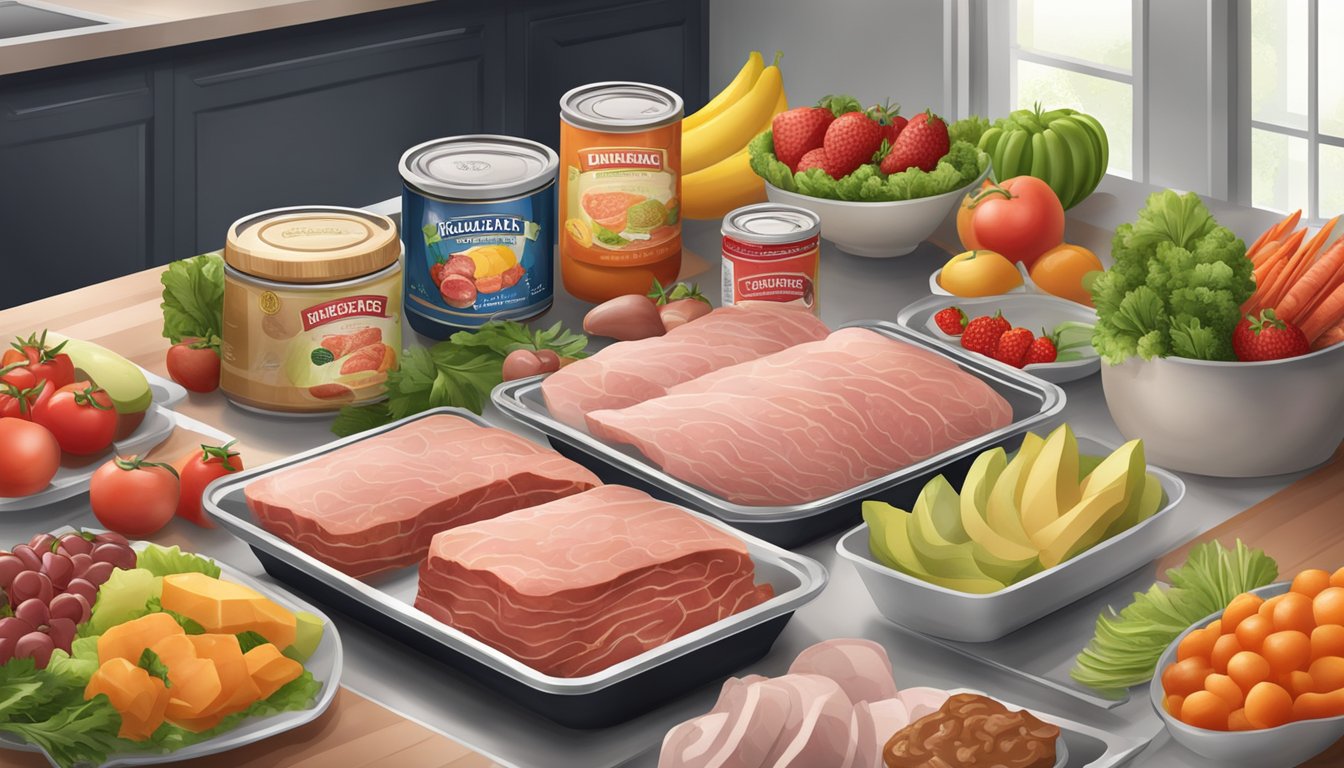 A kitchen counter with packaged deli meats and canned meat spreads, surrounded by fresh vegetables and fruits