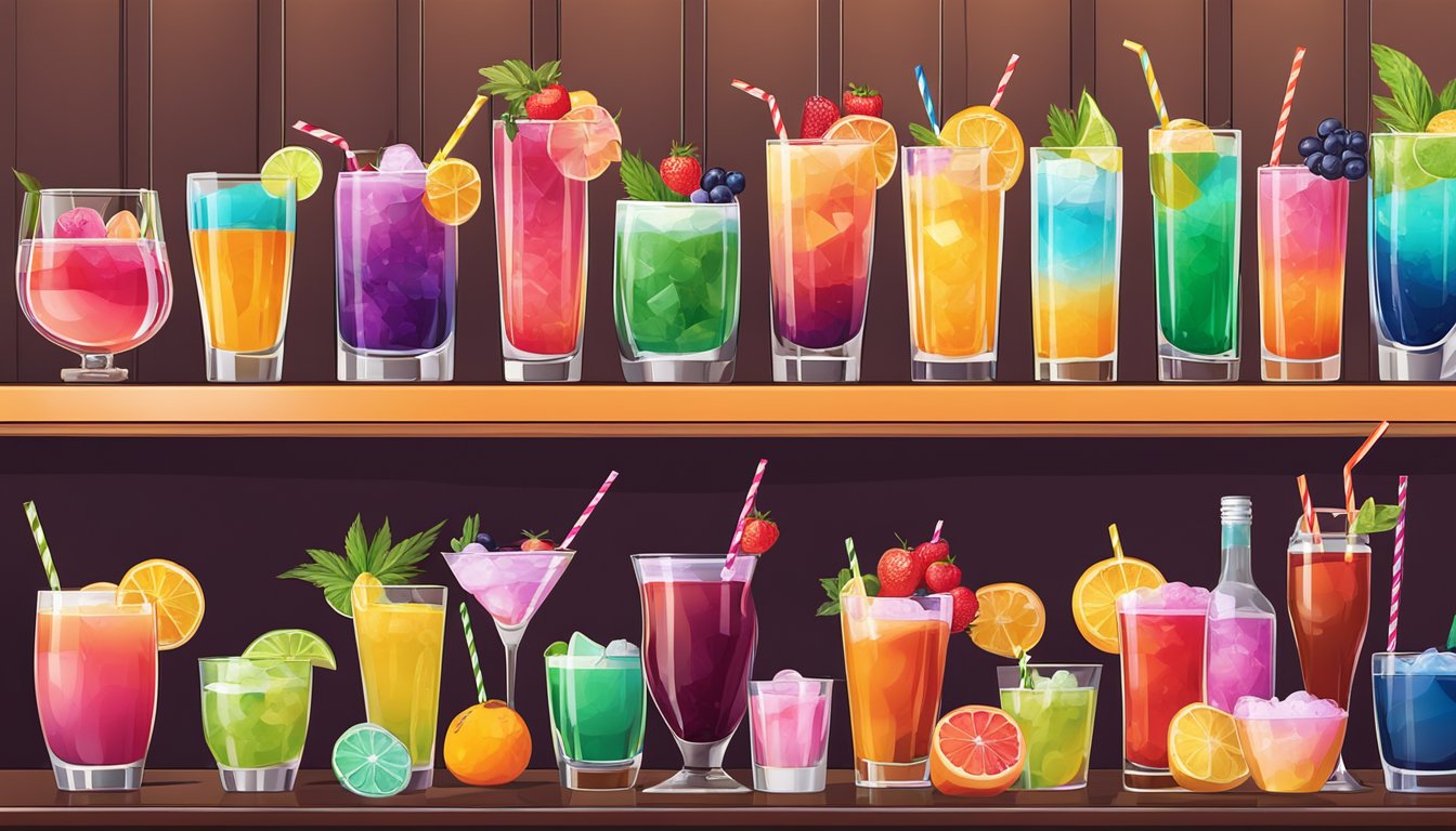 A colorful array of fruity flavored alcoholic beverages and classic mixed cocktails arranged on a bar counter