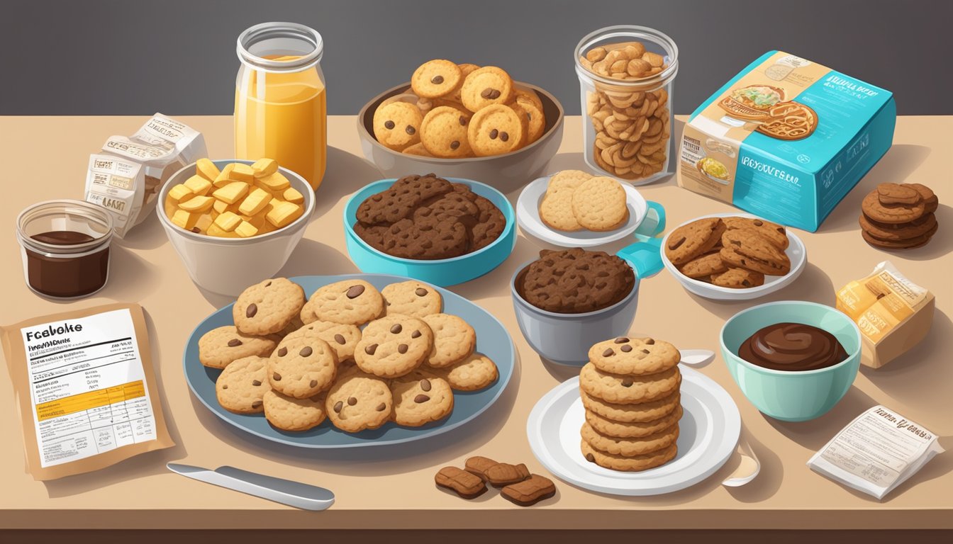 A table with packaged snack cakes and homemade cookies, surrounded by nutrition labels and ingredients