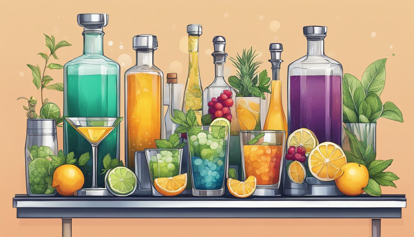 A colorful array of cocktail ingredients and glassware arranged on a bar counter. Fruits, herbs, and spirits are displayed alongside shakers and strainers