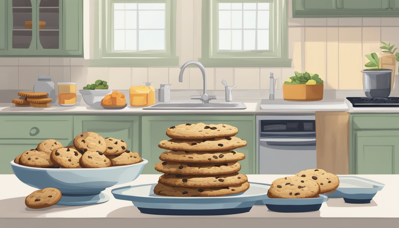 A kitchen counter with packaged snack cakes on one side and a plate of homemade cookies on the other. A scale sits in the middle, symbolizing the choice between health-conscious options