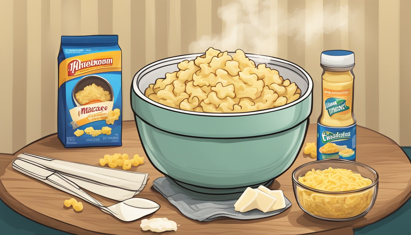 A table with a steaming bowl of instant mashed potatoes next to a box of macaroni and cheese, surrounded by empty packaging and utensils