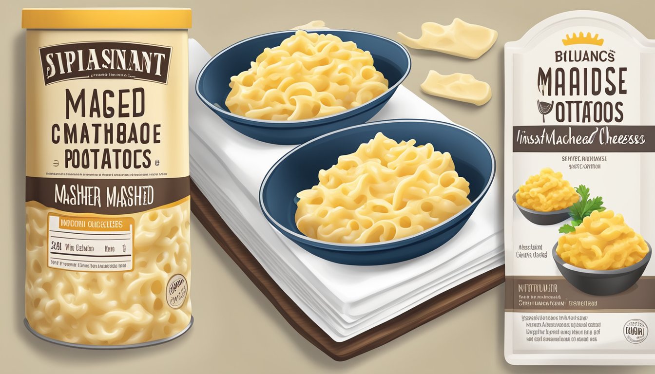 A comparison of instant mashed potatoes and boxed macaroni and cheese, with nutritional labels and ingredients displayed side by side