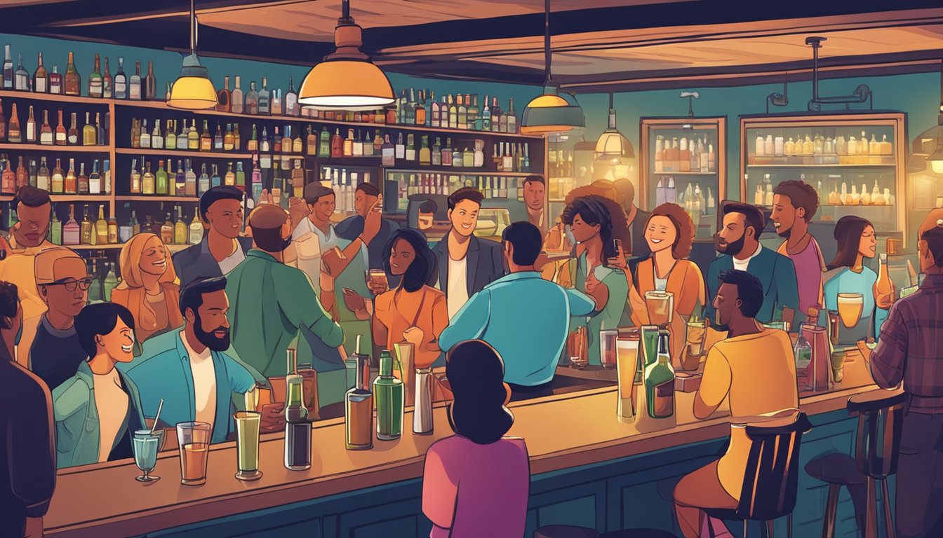 A crowded bar with a variety of flavored alcoholic beverages and mixed cocktails on the counter, surrounded by people engaged in lively conversations and laughter