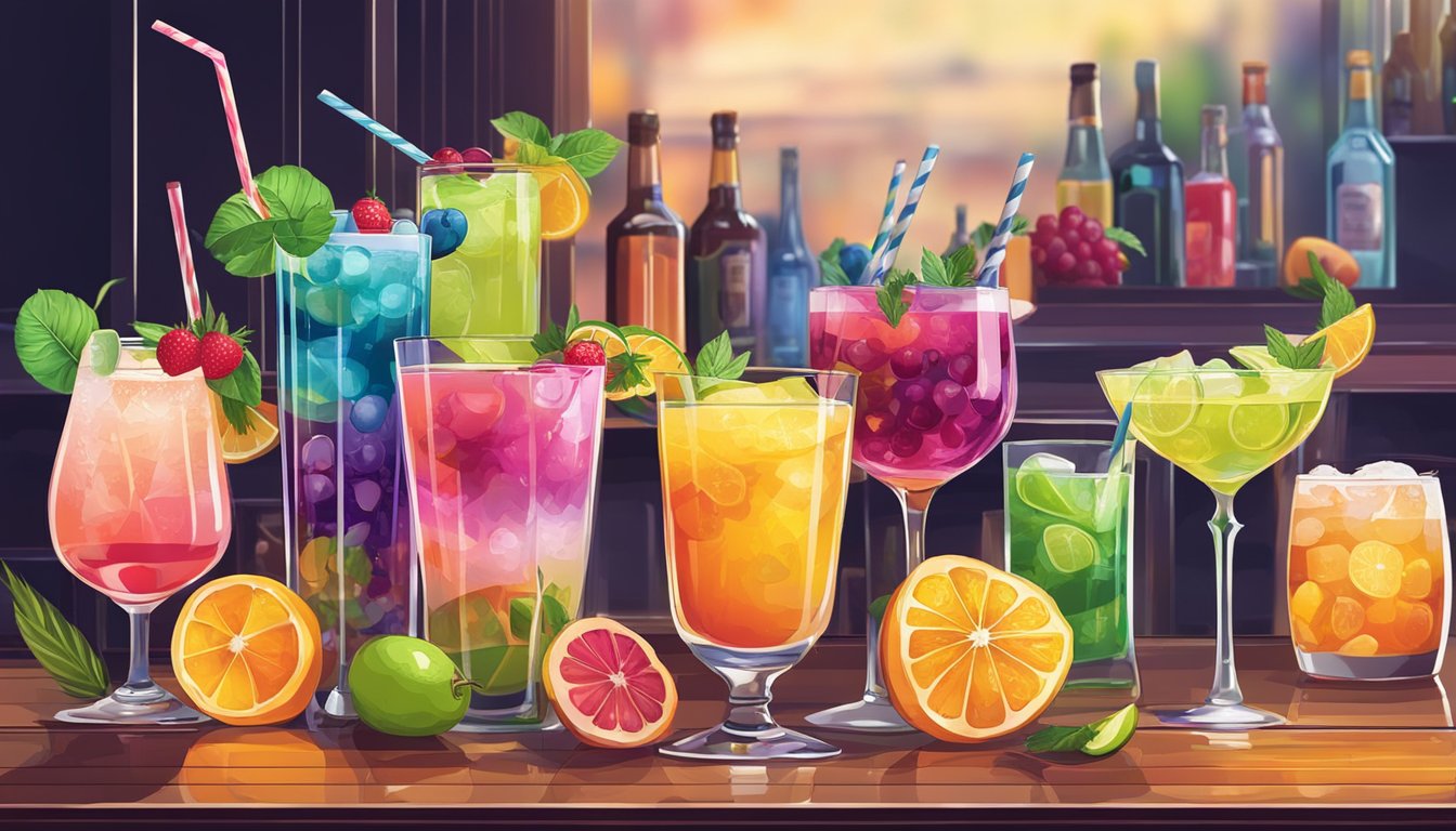 A colorful array of flavored alcoholic beverages and mixed cocktails displayed on a bar counter, surrounded by vibrant fruits and garnishes