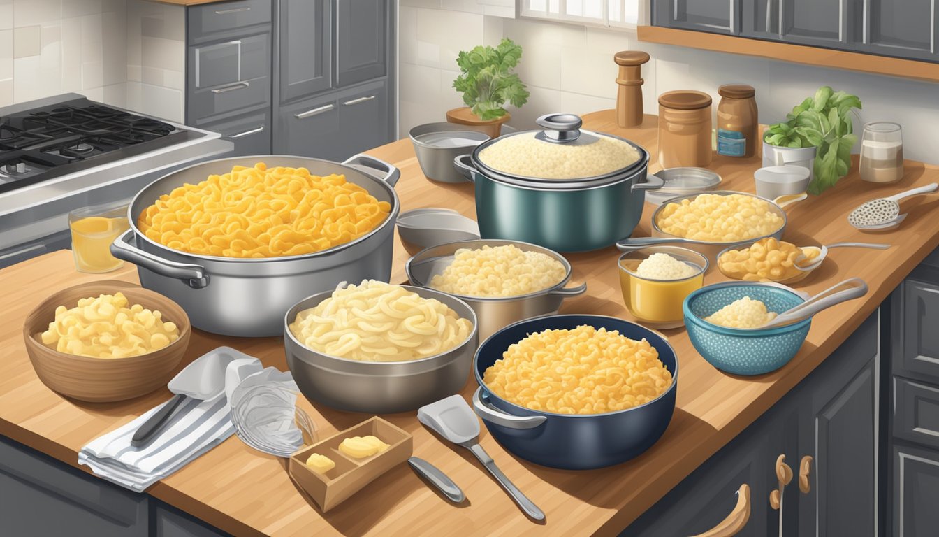 A kitchen counter with open boxes of instant mashed potatoes and macaroni and cheese, surrounded by various cooking utensils and ingredients