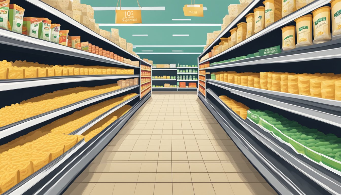 A grocery store aisle with shelves stocked with instant mashed potatoes and boxed macaroni and cheese, with price tags clearly displayed