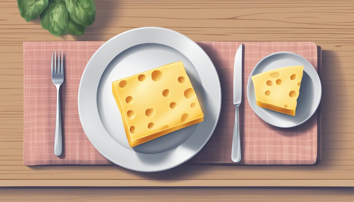 A table with two plates: one with processed cheese slices, the other with full-fat cheese. A question mark hovers above them