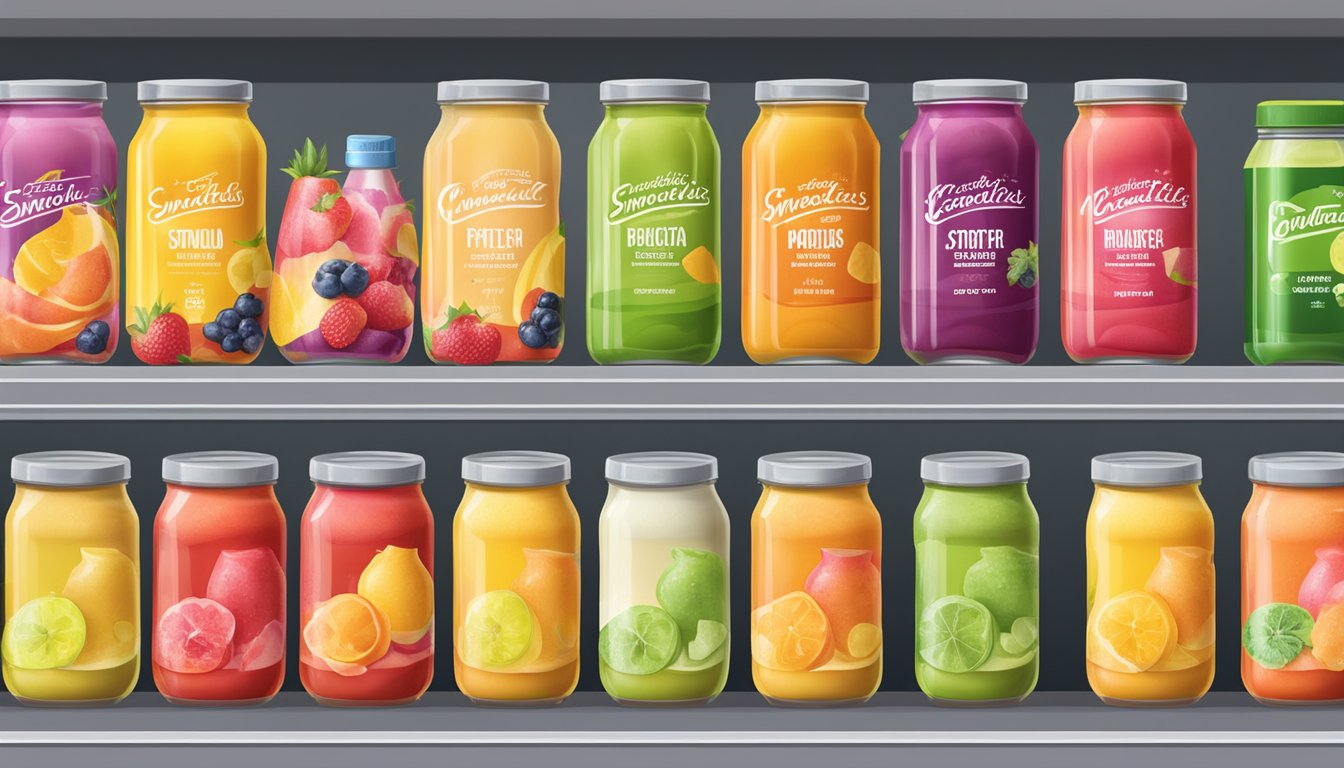 A display of bottled smoothies and canned fruit cocktails on a supermarket shelf