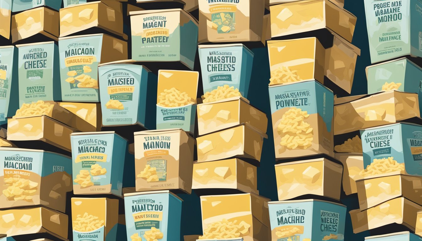 A towering stack of instant mashed potato boxes looms over a crushed pile of macaroni and cheese boxes, casting a shadow over the defeated competitor