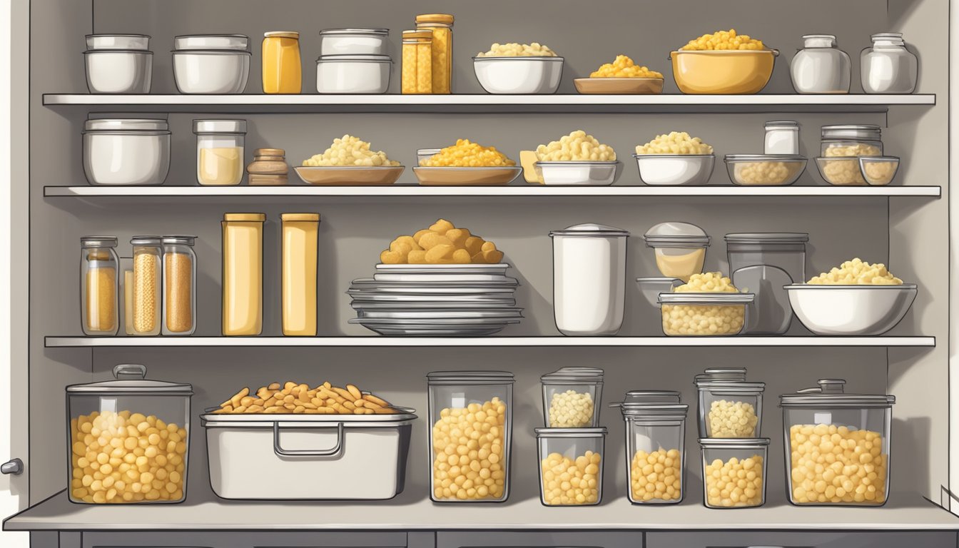 A kitchen pantry with open boxes of instant mashed potatoes and boxed macaroni and cheese, surrounded by various food items and exposed to natural light