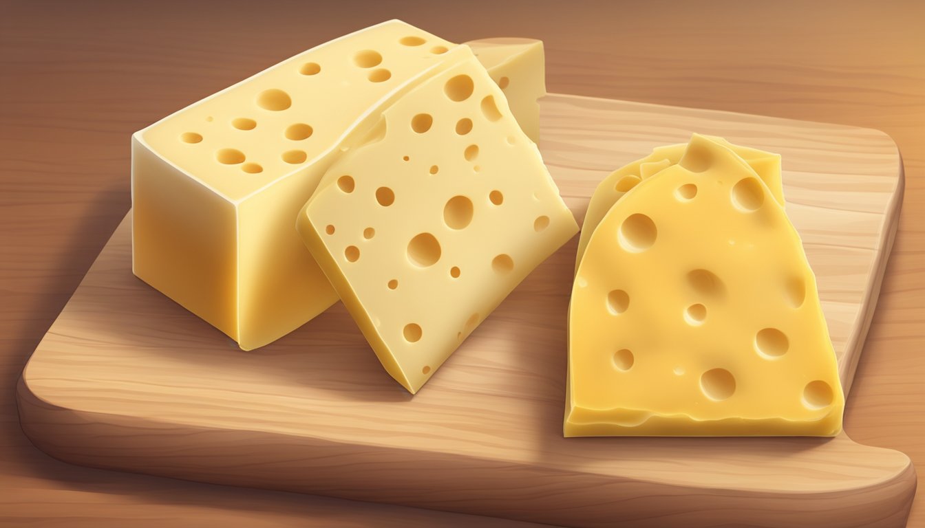 A comparison of processed cheese slices and full-fat cheese blocks on a wooden cutting board