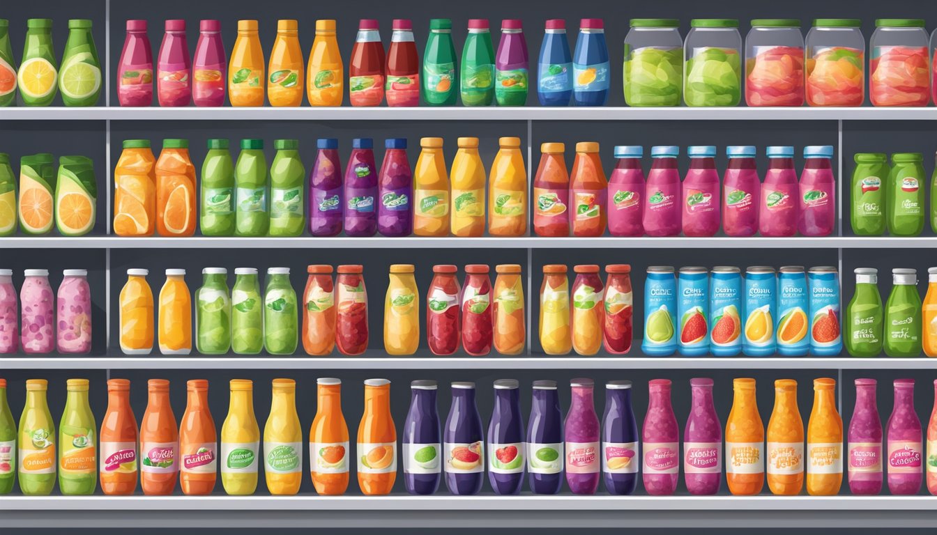 A colorful display of bottled smoothies and canned fruit cocktails on a supermarket shelf