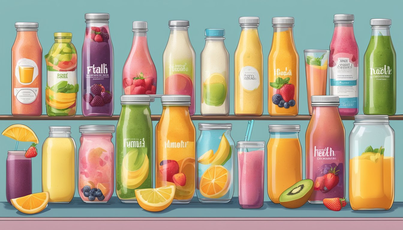 A table with a variety of bottled smoothies and canned fruit cocktails, surrounded by nutritional labels and health-related imagery