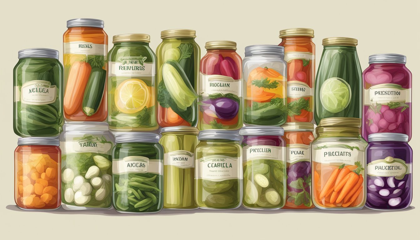 A comparison of canned and pickled vegetables, each surrounded by their respective packaging and labeled with their names