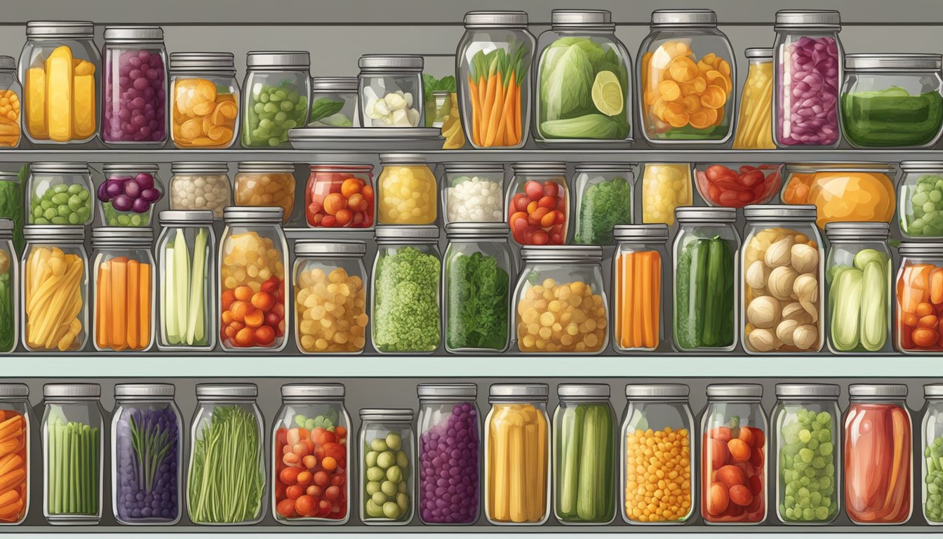 A table with various canned and pickled vegetables arranged in rows, each labeled with their sensory attributes and culinary uses