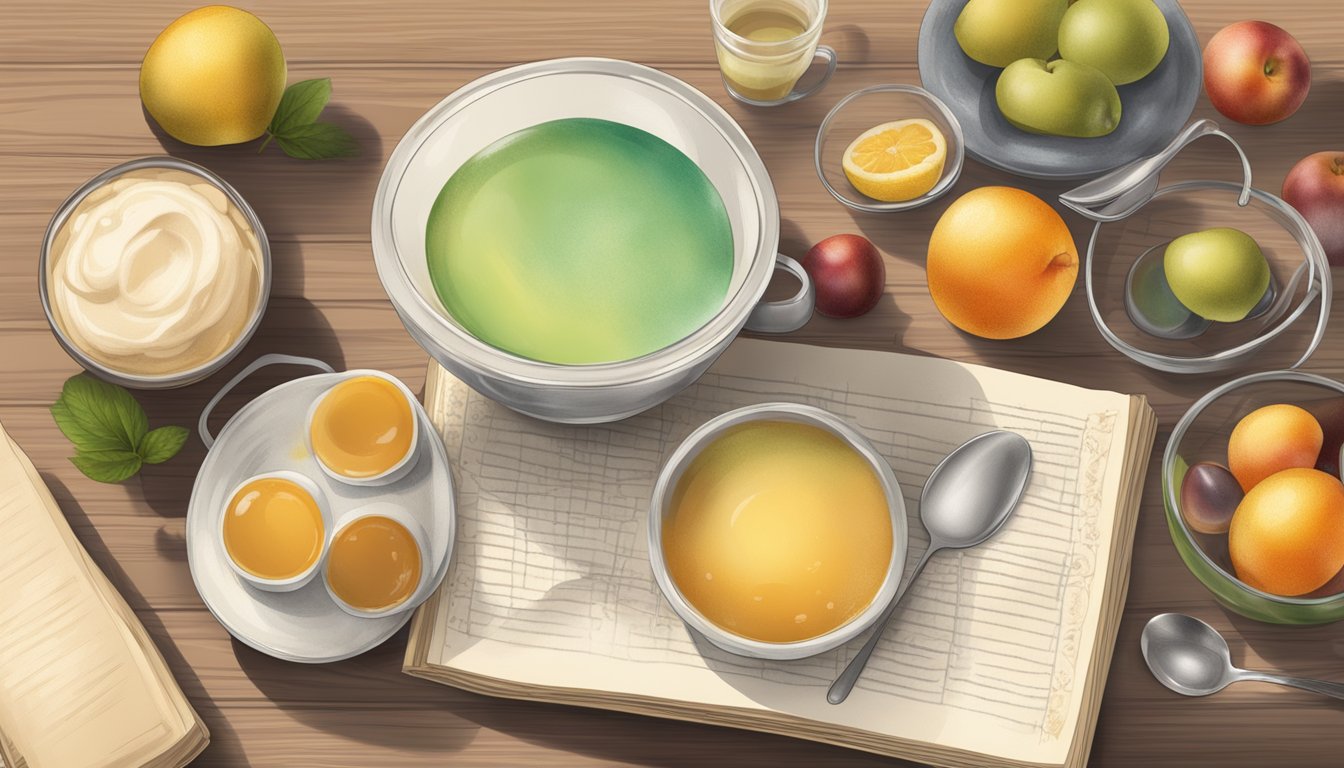 A table with a bowl of fruit-flavored gelatin and a bowl of pudding, surrounded by vintage kitchen utensils and a faded recipe book