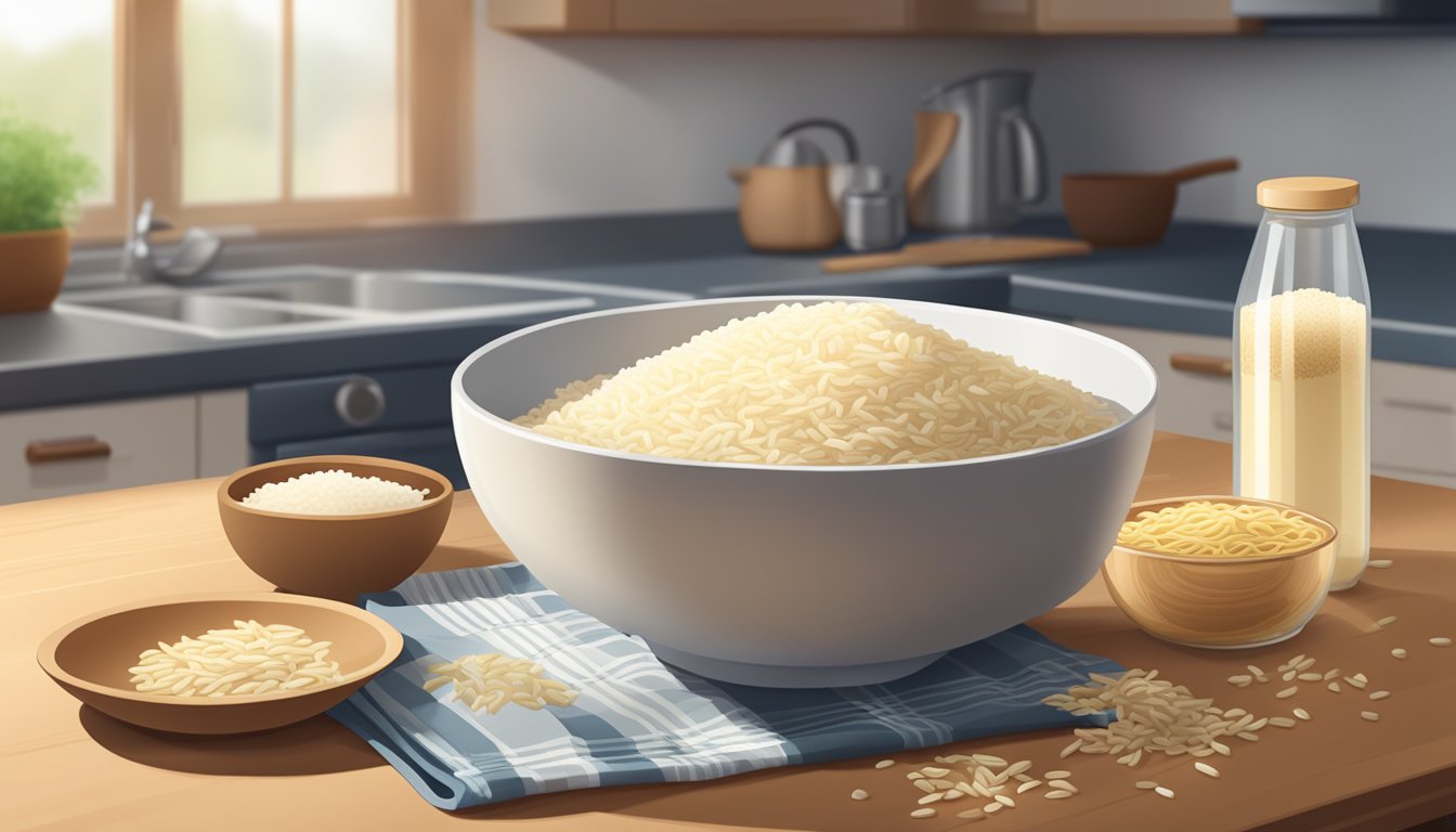 A steaming bowl of instant rice and a packet of minute pasta sit side by side on a kitchen counter, surrounded by scattered grains and noodles