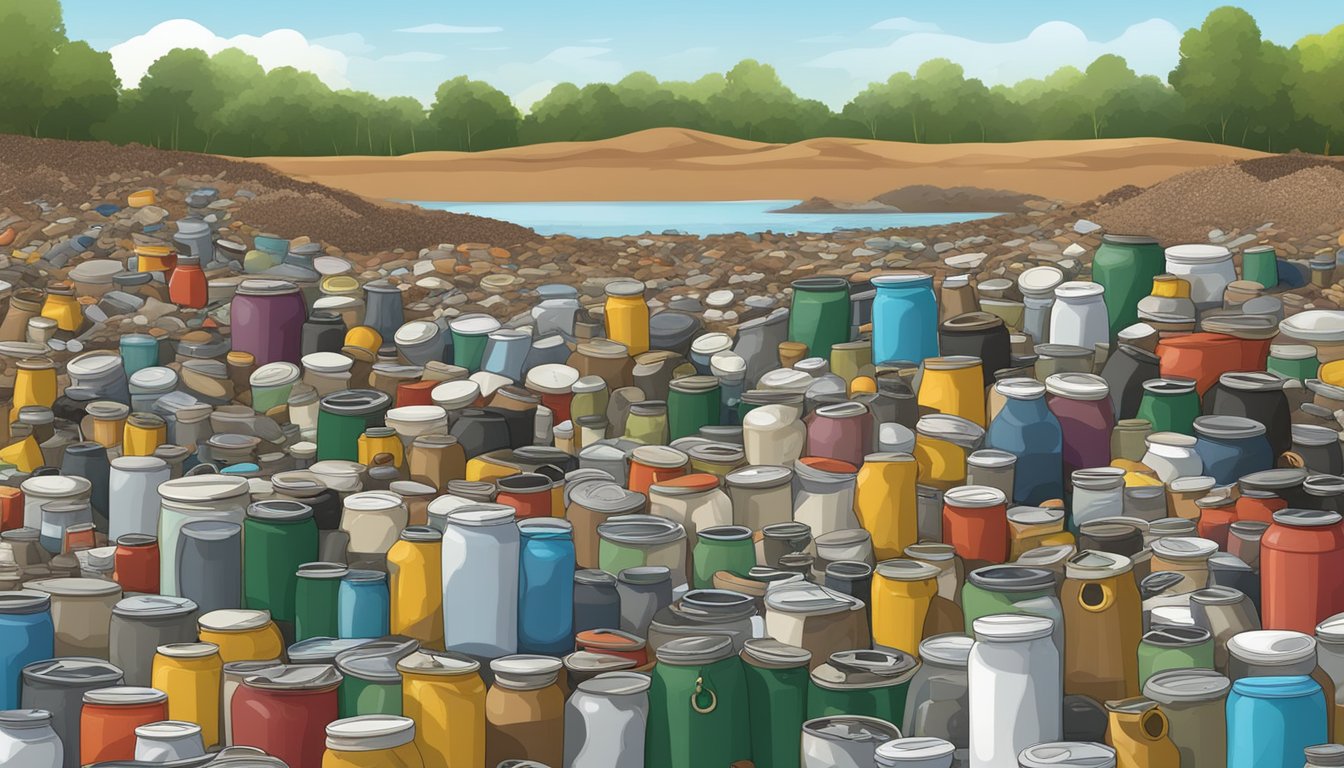 A crowded landfill with discarded cans and jars, surrounded by polluted soil and water