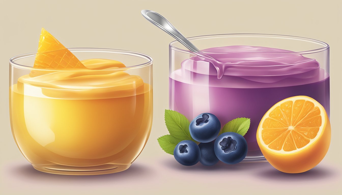 A bowl of fruit-flavored gelatin and a bowl of pudding sit side by side on a table, with a spoon resting in each