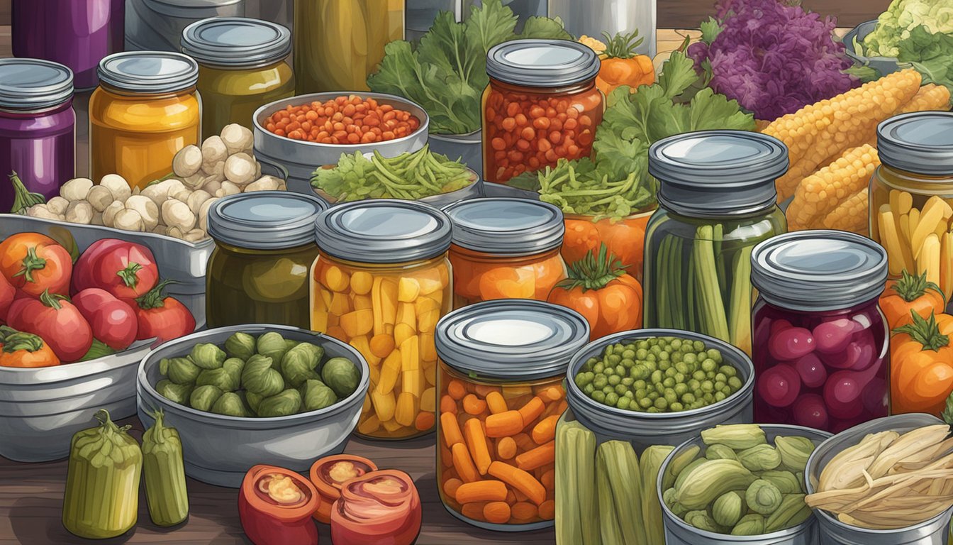 A table set with a variety of canned and pickled vegetables, surrounded by curious onlookers