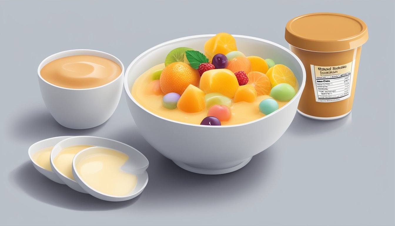 A bowl of fruit-flavored gelatin and a bowl of pudding sit side by side on a table, with a nutrition label next to each