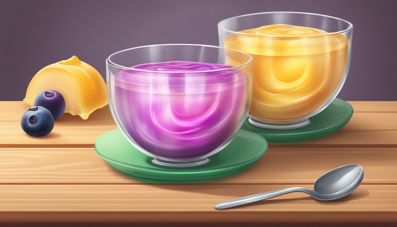 A colorful bowl of gelatin and a creamy bowl of pudding on a wooden table