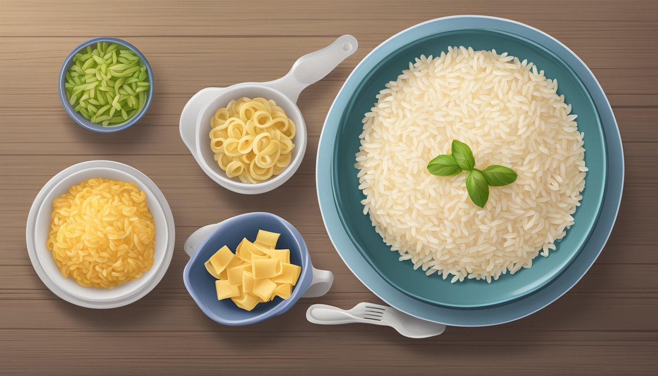 A table with two bowls of cooked instant rice and minute pasta, surrounded by measuring cups and nutritional labels