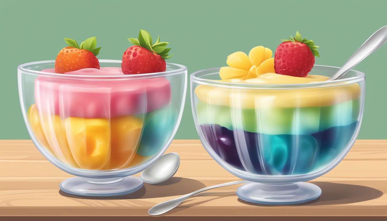 A bowl of fruit-flavored gelatin and a bowl of pudding sit side by side on a table, with a spoon resting in each