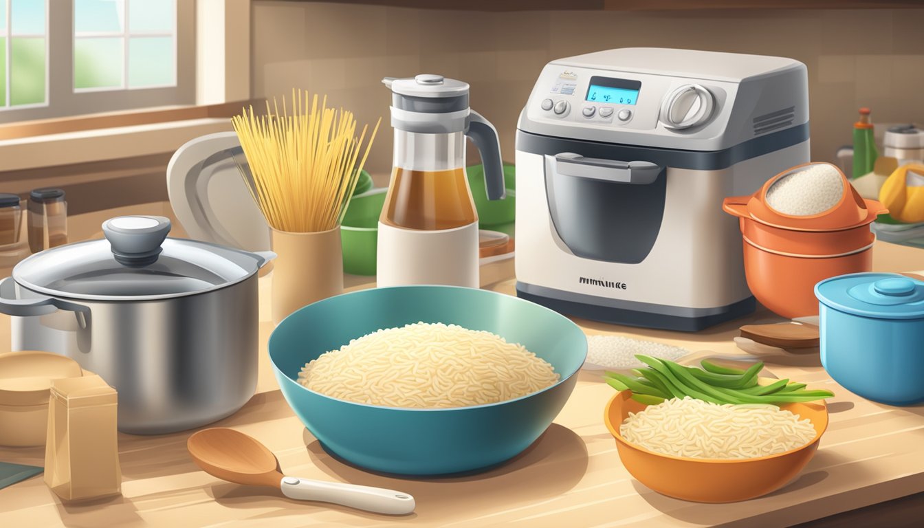 A kitchen counter with a box of instant rice and a package of minute pasta, surrounded by various cooking utensils and appliances