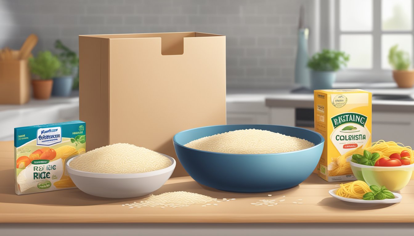 A kitchen counter with a box of instant rice and a package of minute pasta, with a measuring cup and pot nearby