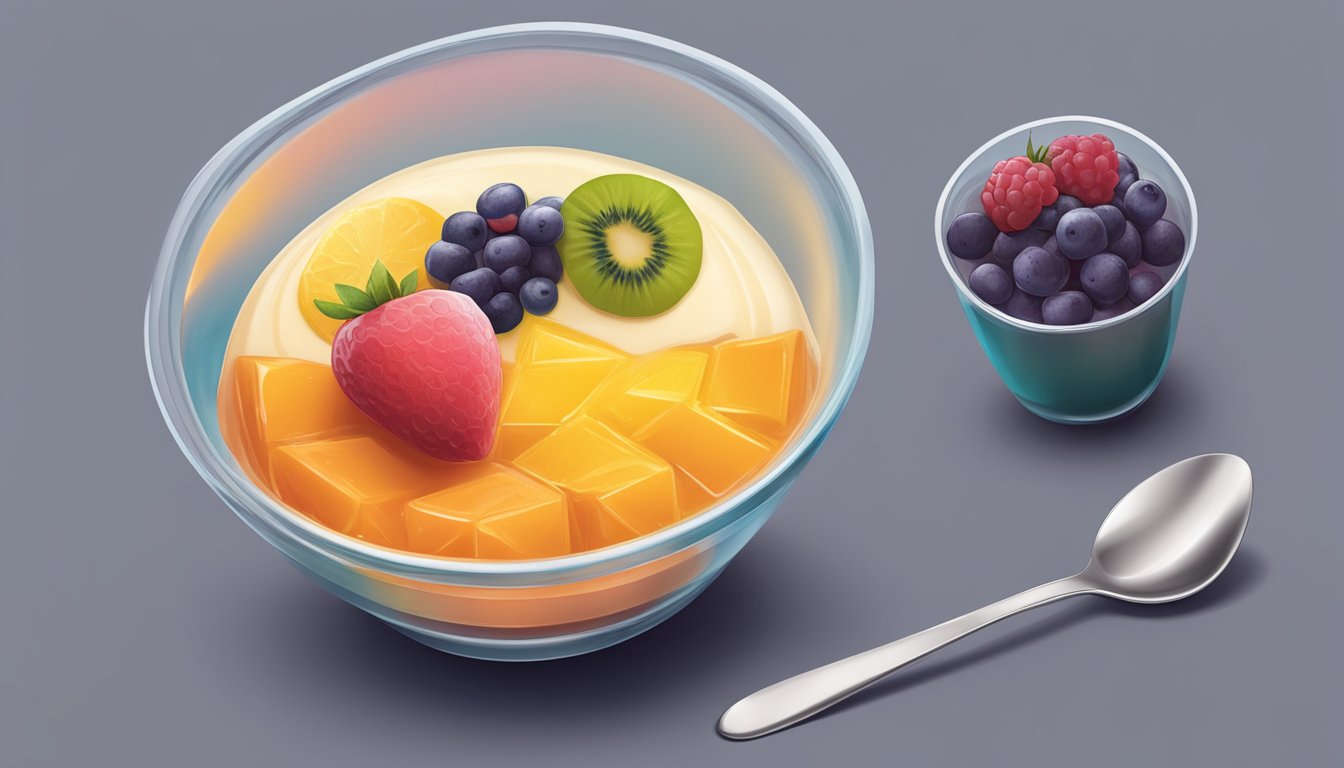 A bowl of fruit-flavored gelatin and pudding sit side by side, contrasting in color and texture. A spoon hovers over them, ready to taste