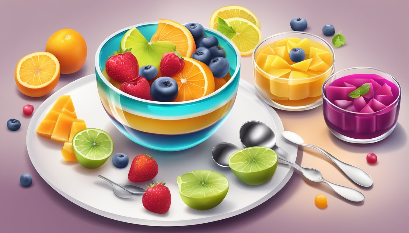 A table with a bowl of fruit-flavored gelatin and a bowl of pudding, surrounded by spoons and colorful fruit slices