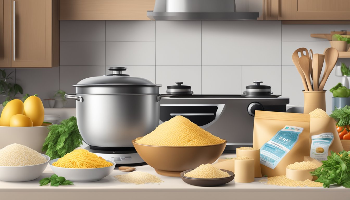 A kitchen counter with packages of instant rice and minute pasta, surrounded by cooking utensils and a timer