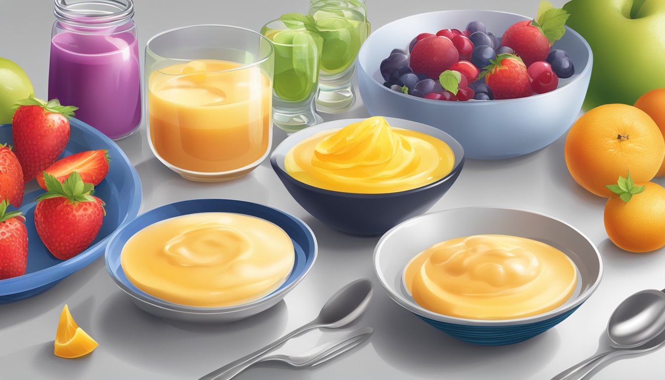 A colorful bowl of fruit-flavored gelatin and a creamy bowl of pudding sit side by side on a kitchen counter, with utensils and ingredients scattered around