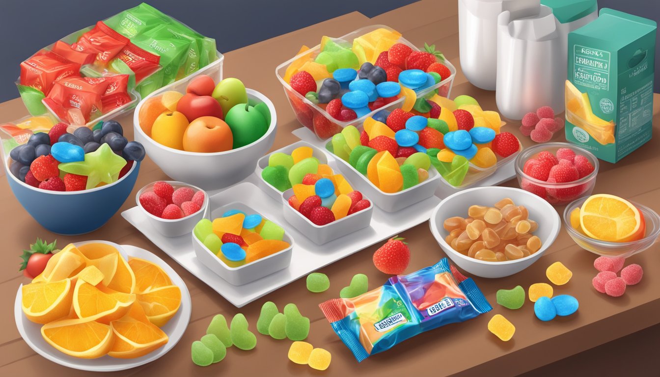 A table with open packages of fruit snacks and gummy candies, surrounded by scattered nutrition labels and a pile of assorted fruit and candy