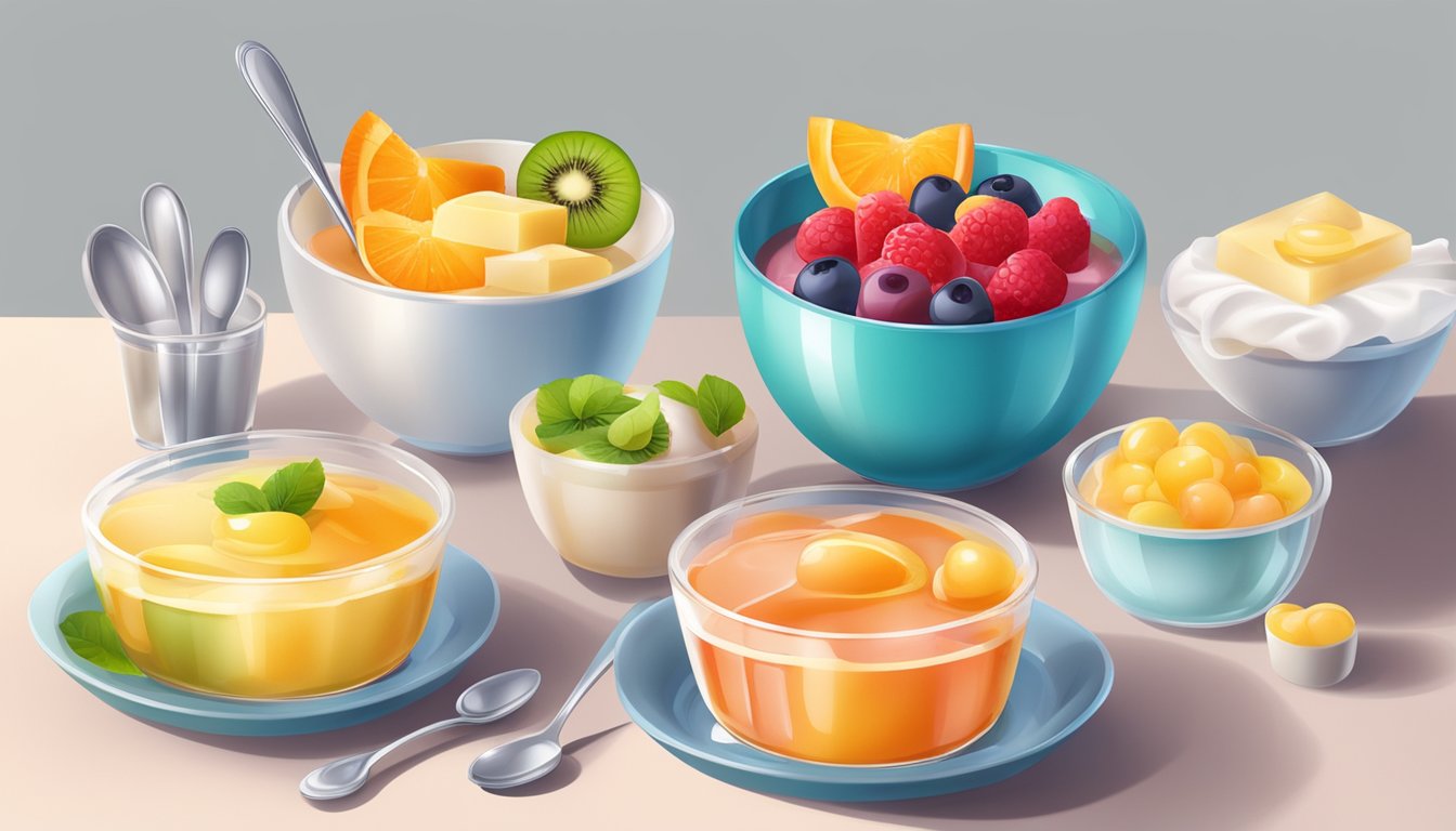 A table with a bowl of fruit-flavored gelatin and a bowl of pudding, surrounded by spoons and napkins