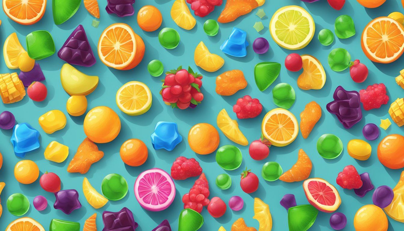 A pile of colorful packaged fruit snacks and gummy candies scattered on a table, with bright, eye-catching packaging