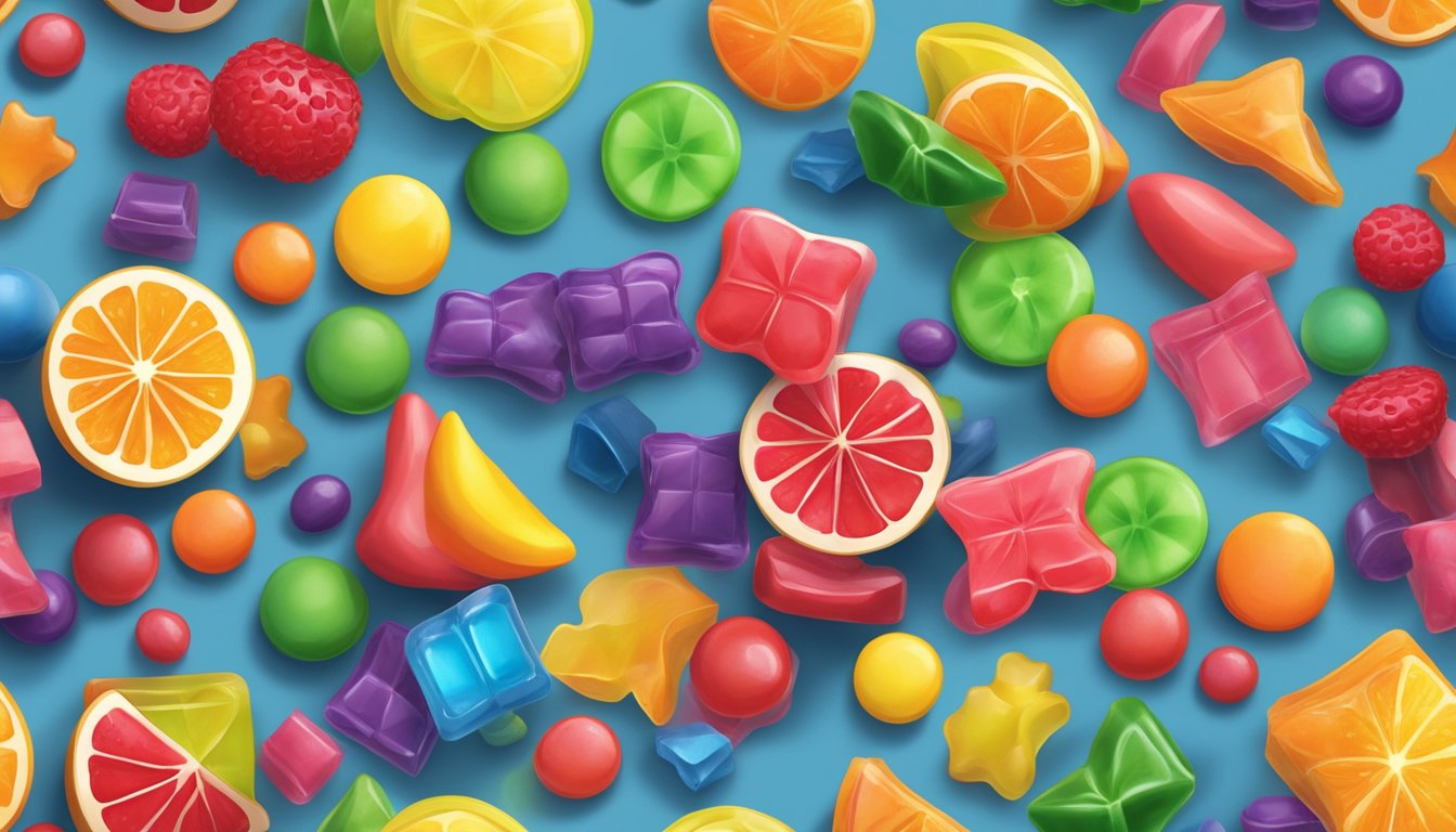 A colorful array of fruit snacks and gummy candies spill out of open packaging, enticingly arranged on a table