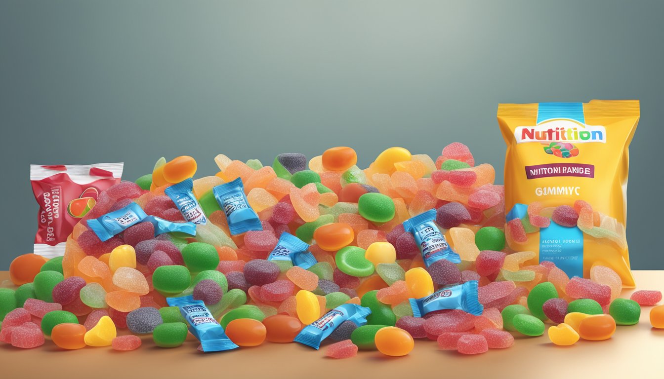 A pile of packaged fruit snacks and gummy candies scattered on a table, with a nutrition label visible