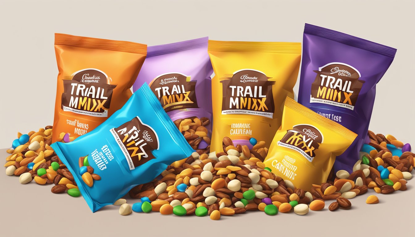 A pile of packaged trail mix and candy-coated nuts spill out of their respective bags, creating a colorful and tempting display