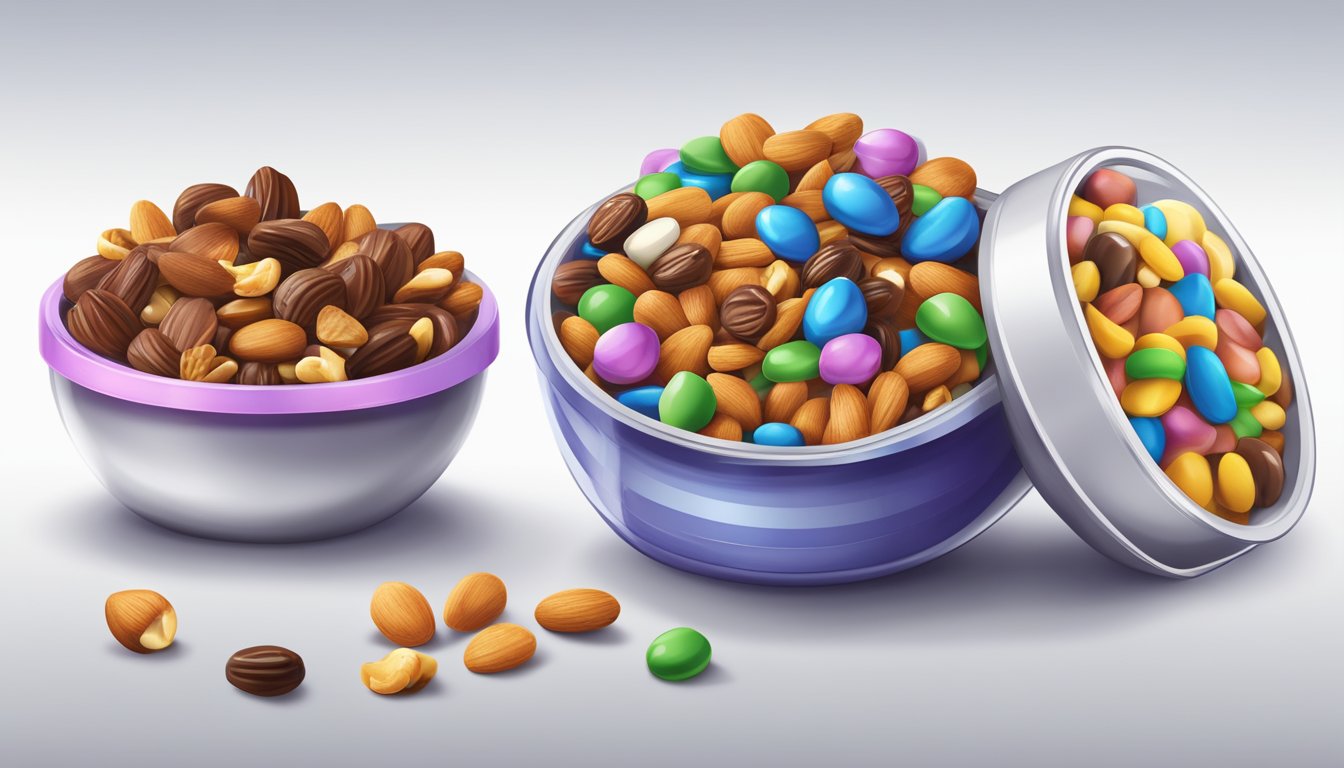 A comparison of packaged trail mix and candy-coated nuts, with a focus on their respective health impacts and benefits