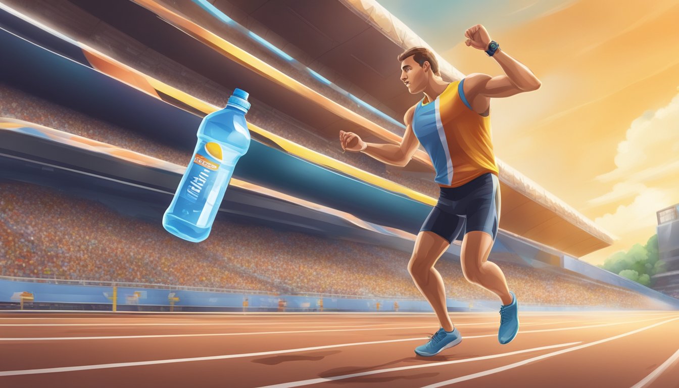 A runner reaching for a bottle of flavored water and a bottle of sports drink, with a backdrop of a finish line and recovery station