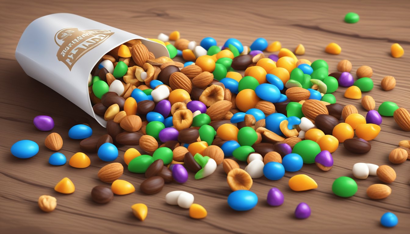 A pile of opened trail mix and candy-coated nuts spilled out from their packaging, scattered across a wooden table